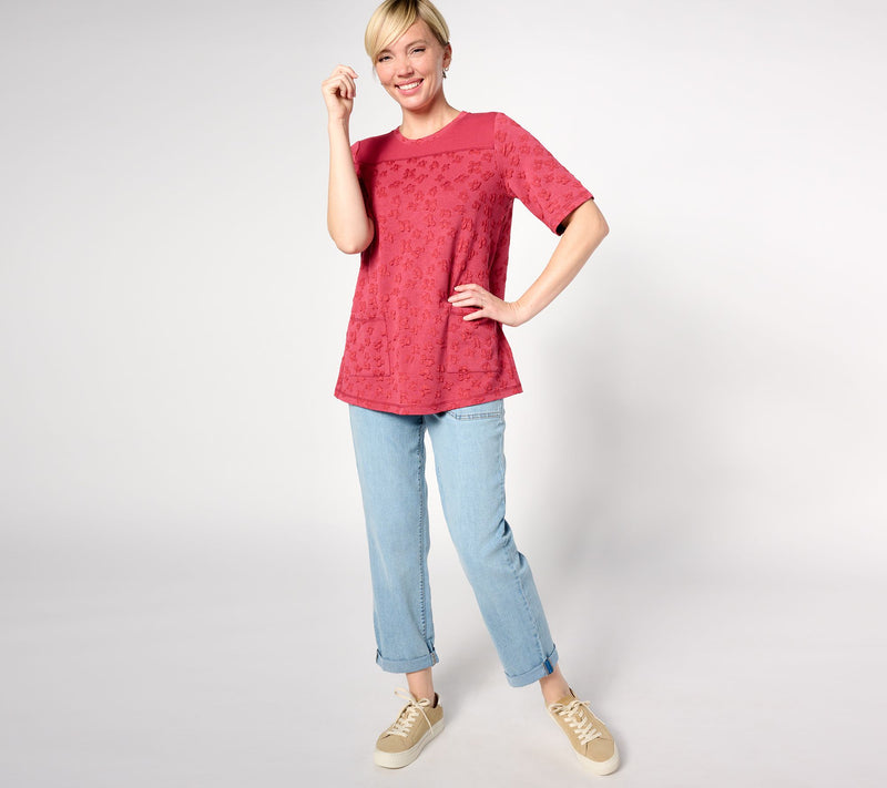 LOGO by Lori Goldstein Elbow-Sleeve Textured Jacquard Top — View 3