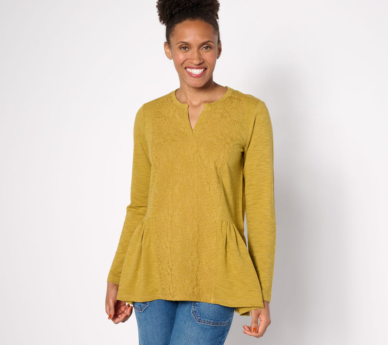 LOGO by Lori Goldstein Long Sleeve Split Neck Top with Embroidery — View 8