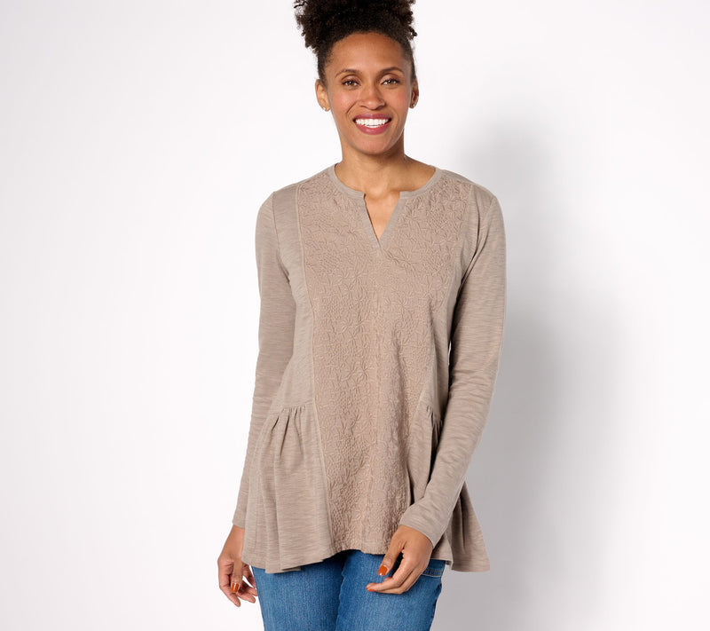 LOGO by Lori Goldstein Long Sleeve Split Neck Top with Embroidery — View 9
