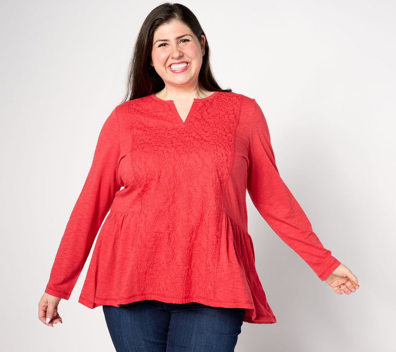 LOGO by Lori Goldstein Long Sleeve Split Neck Top with Embroidery — View 10