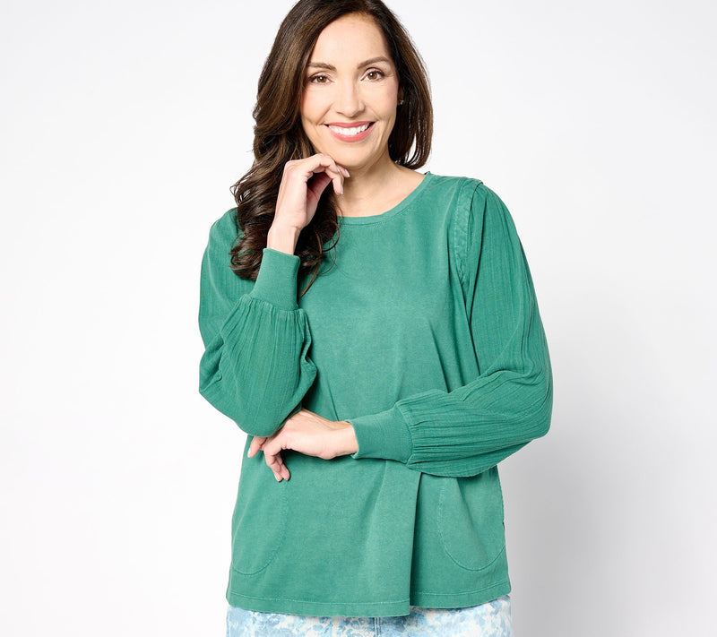 LOGO Life by Lori Goldstein Antique Wash Knit Top with Woven Sleeves — Main view