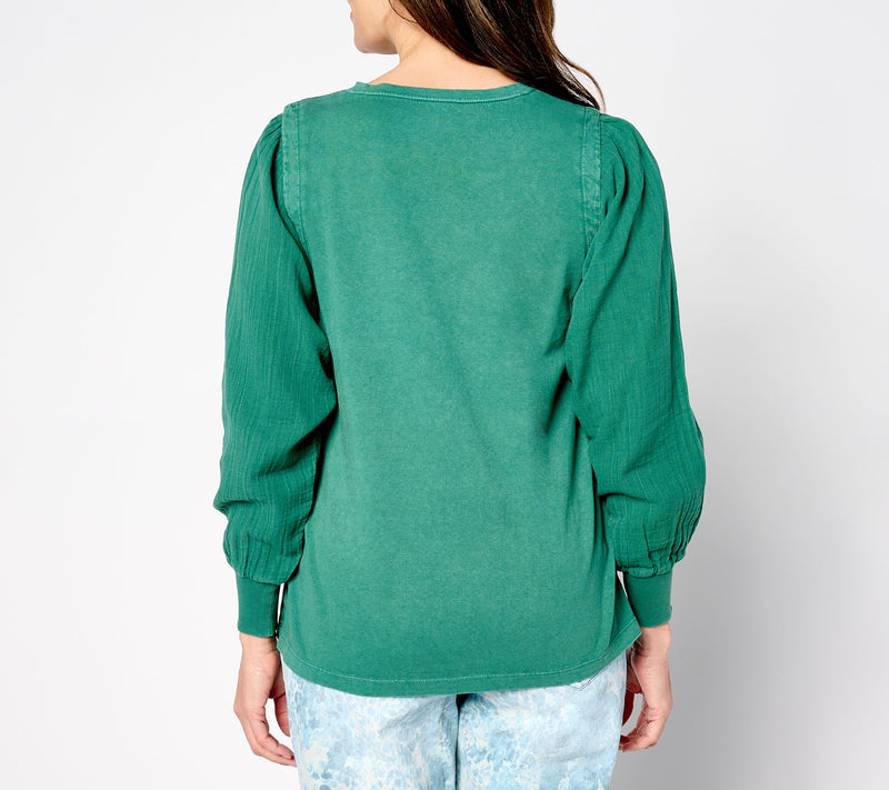 LOGO Life by Lori Goldstein Antique Wash Knit Top with Woven Sleeves — View 2