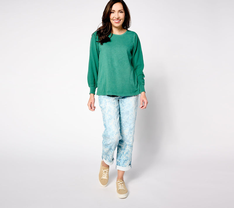 LOGO Life by Lori Goldstein Antique Wash Knit Top with Woven Sleeves — View 3