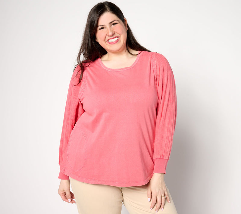 LOGO Life by Lori Goldstein Antique Wash Knit Top with Woven Sleeves — View 8