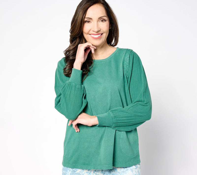 LOGO Life by Lori Goldstein Antique Wash Knit Top with Woven Sleeves — View 9