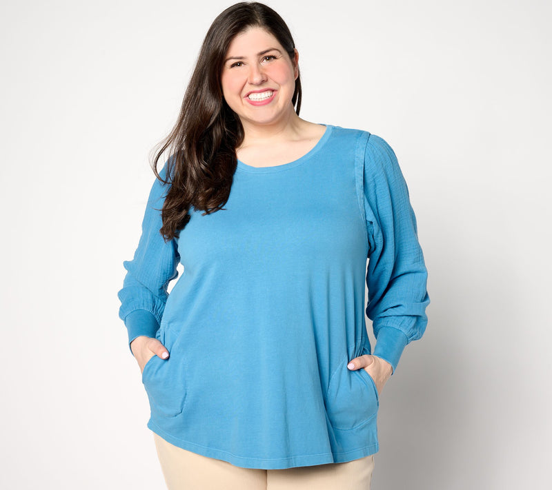 LOGO Life by Lori Goldstein Antique Wash Knit Top with Woven Sleeves — View 10