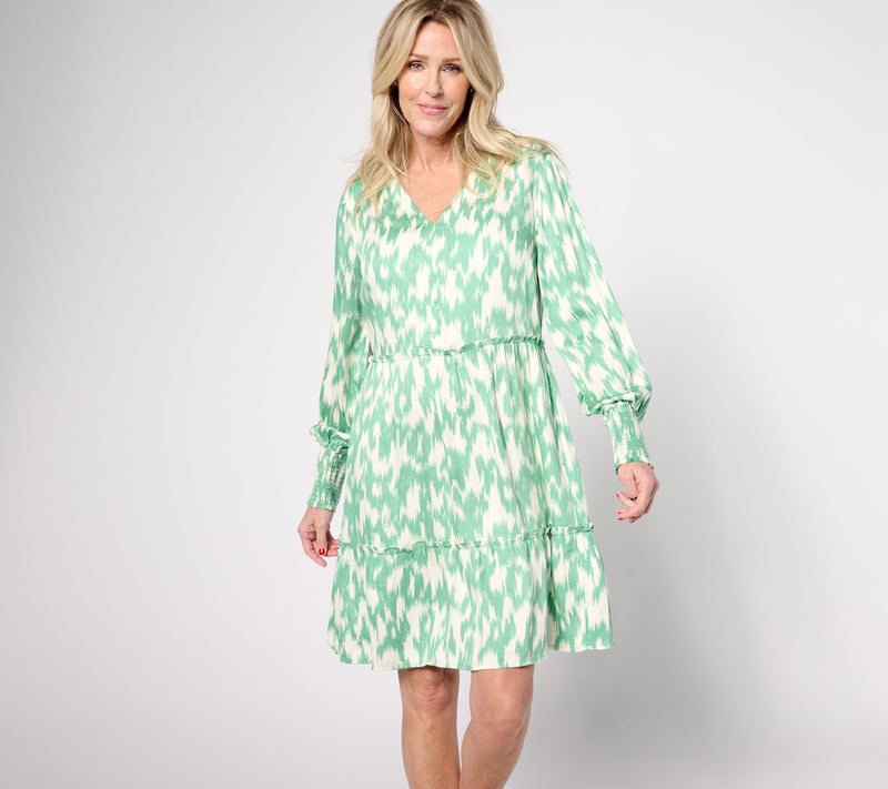 AnyBody Regular Printed Knee Length Dress with Smocked Sleeves — View 4