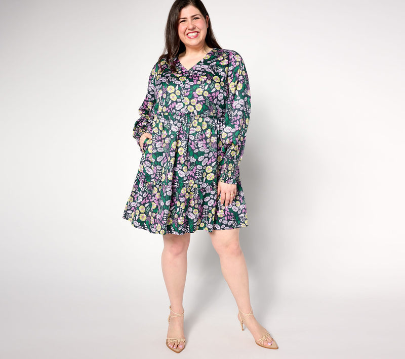 AnyBody Regular Printed Knee Length Dress with Smocked Sleeves — View 7
