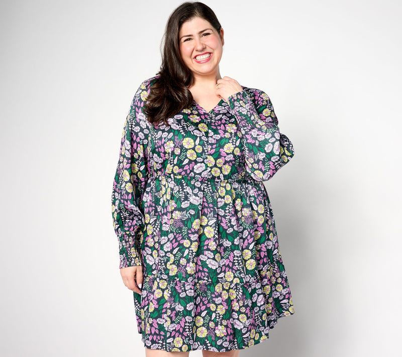 AnyBody Regular Printed Knee Length Dress with Smocked Sleeves — View 5
