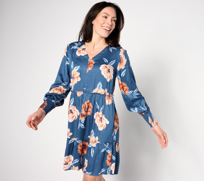 AnyBody Petite Printed Knee Length Dress with Smocked Sleeves — View 5