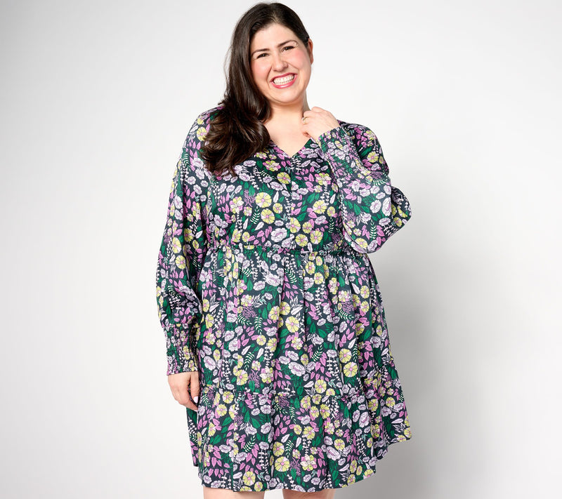 AnyBody Petite Printed Knee Length Dress with Smocked Sleeves — View 3