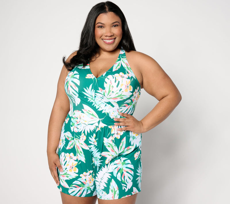 Denim & Co. Beach Faux Wrap Tank Swim Romper — Main view