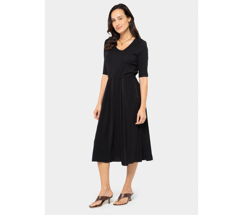Peace Love World Regular Knit to Woven Asymmetric V-Neck Dress — View 12