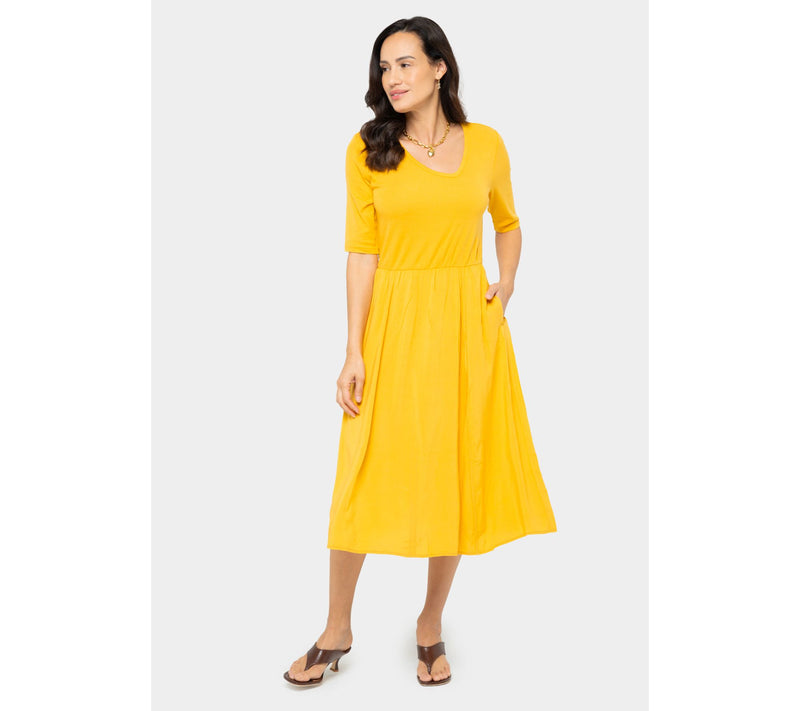 Peace Love World Regular Knit to Woven Asymmetric V-Neck Dress — View 9