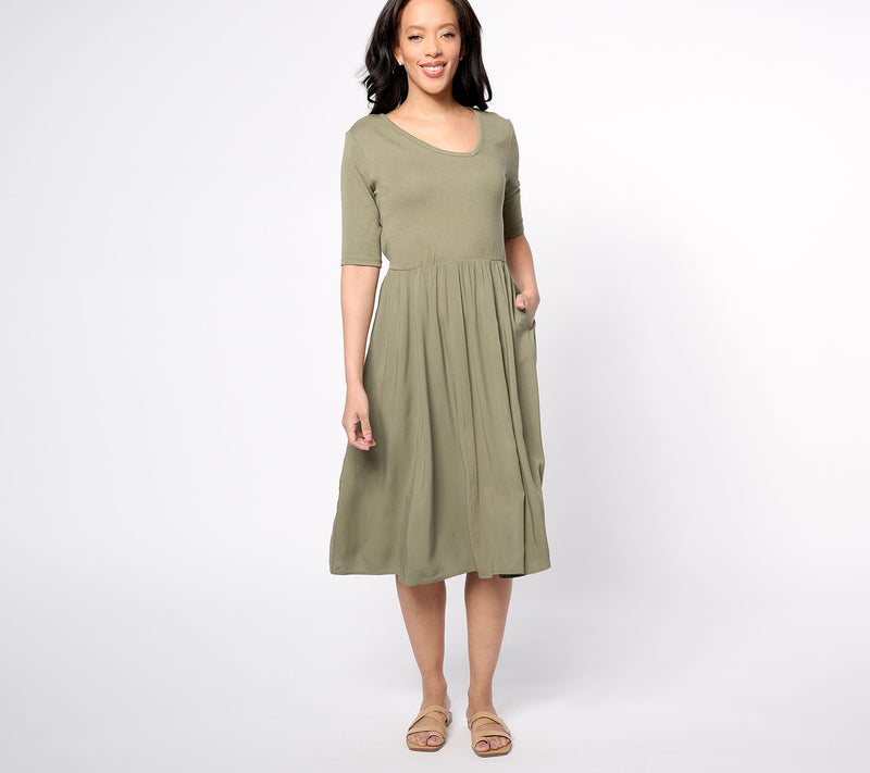 Peace Loved World Petite Knit to Woven Asymmetric V-Neck Dress — View 7