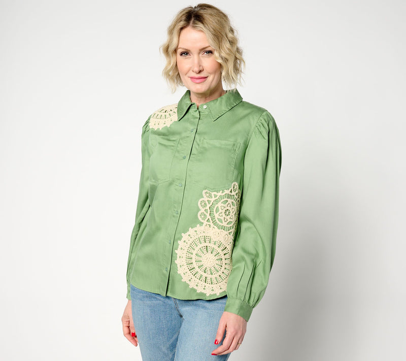 Denim & Co. Canyon Retreat Crochet Applique Button Front Top — Main view