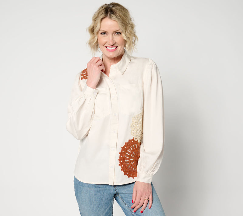 Denim & Co. Canyon Retreat Crochet Applique Button Front Top — View 9
