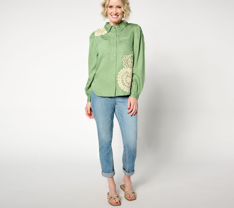 Denim & Co. Canyon Retreat Crochet Applique Button Front Top — View 3