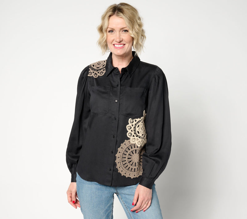 Denim & Co. Canyon Retreat Crochet Applique Button Front Top — View 11
