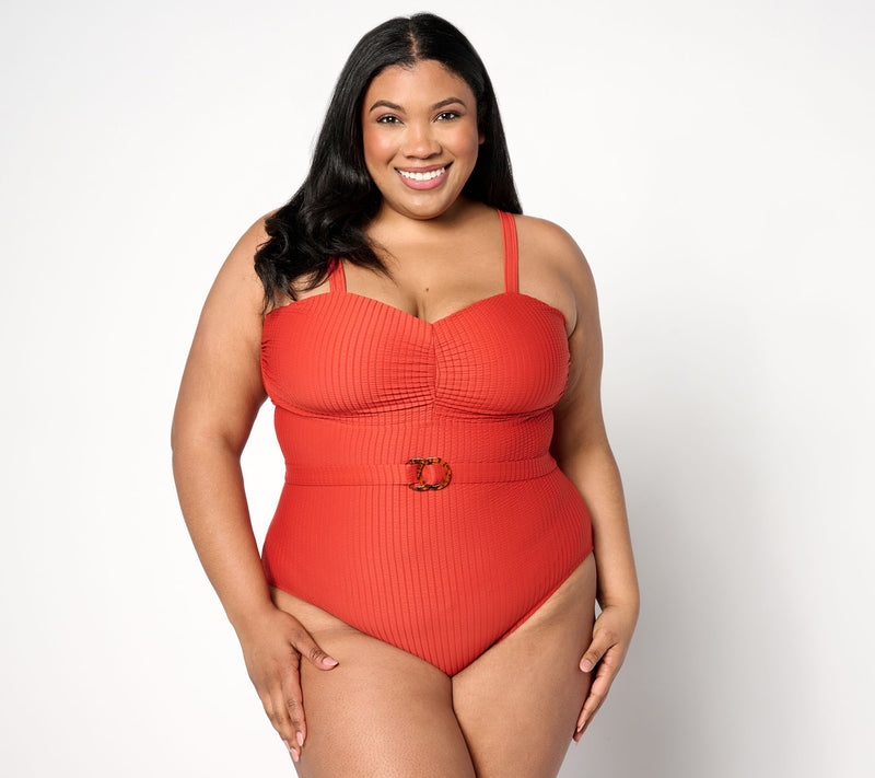 Susan Graver Soleil Ruched Front Swimsuit with Belt — View 5