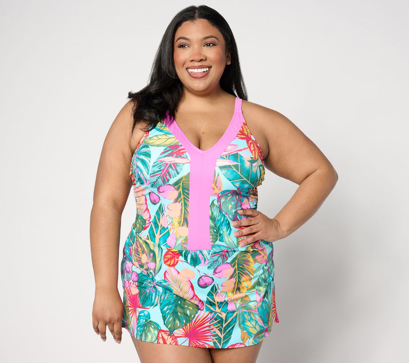 Susan Graver Soleil V-Neck Color Blocked Swim Dress — Main view