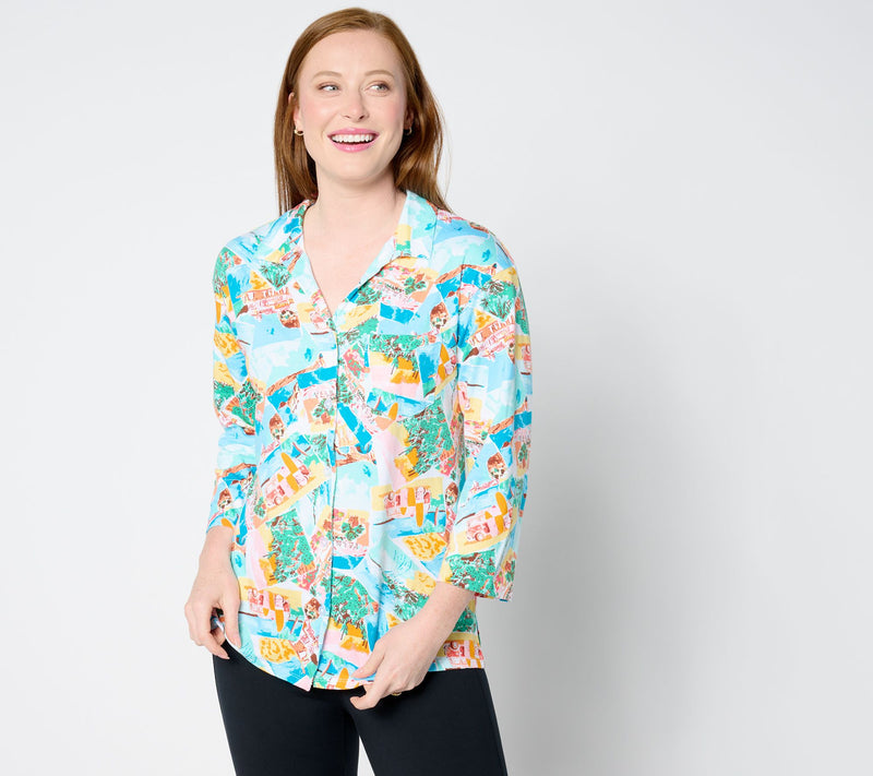 Cuddl Duds Cotton Core Notch Collar Vacation Button Up — View 13