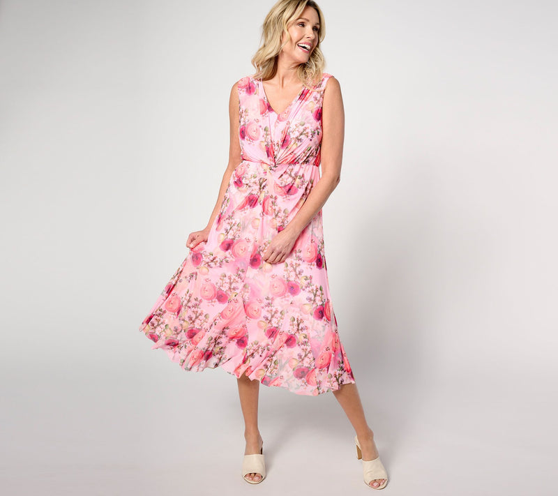 Isaac Mizrahi Live! Petite Always Isaac Twist Front Mesh Midi Dress — View 3
