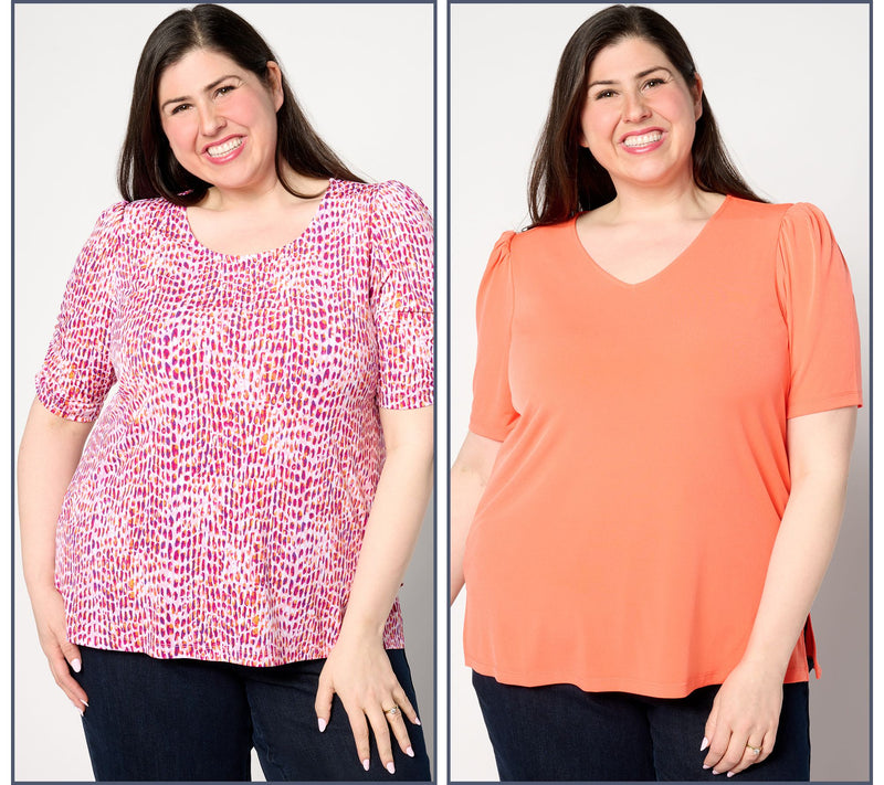Susan Graver Set of 2 Print & Solid Liquid Knit Tops — View 9