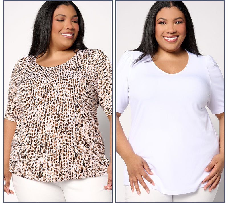 Susan Graver Set of 2 Print & Solid Liquid Knit Tops — View 11