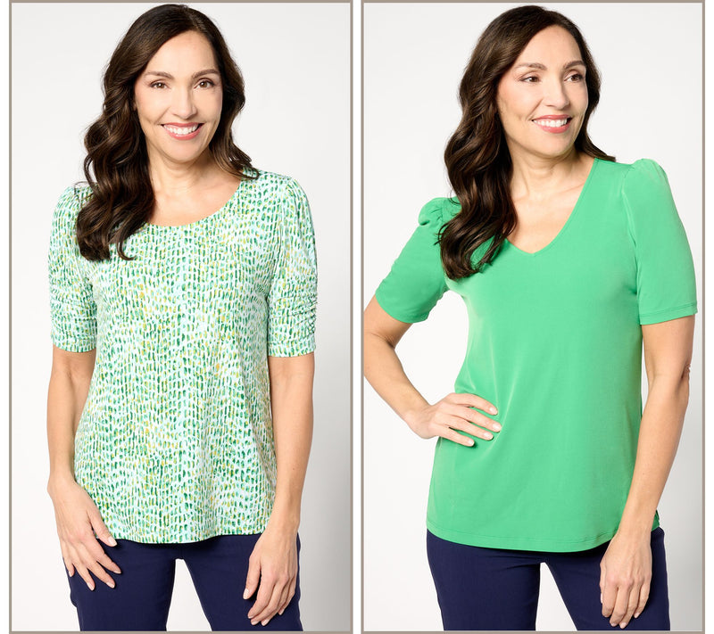 Susan Graver Set of 2 Print & Solid Liquid Knit Tops — View 4