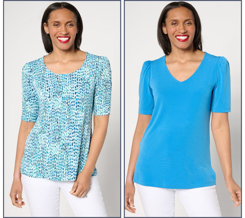 Susan Graver Set of 2 Print & Solid Liquid Knit Tops — View 5