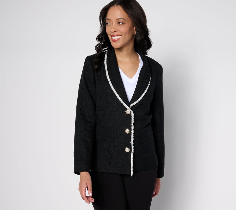 GRAVER Susan Graver Tweed Shawl Collar Blazer with Fray Trim — View 11