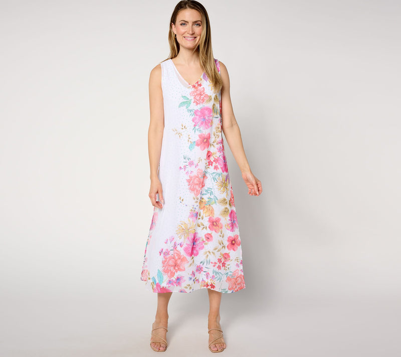 Susan Graver Petite Printed Chiffon Overlay 2-Piece Midi Dress — Main view