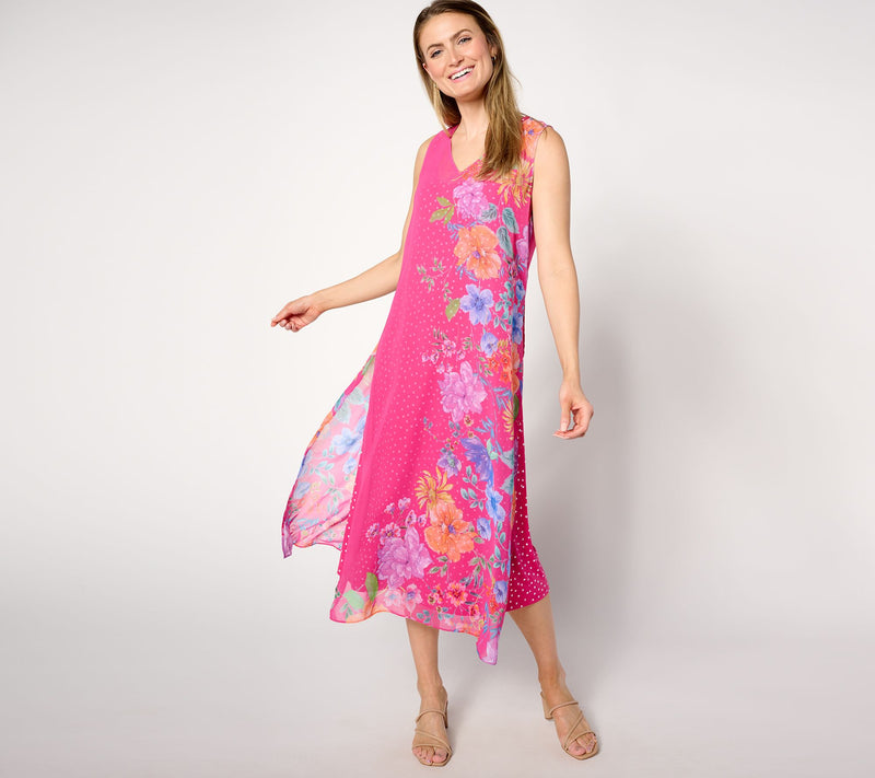 Susan Graver Petite Printed Chiffon Overlay 2-Piece Midi Dress — View 5