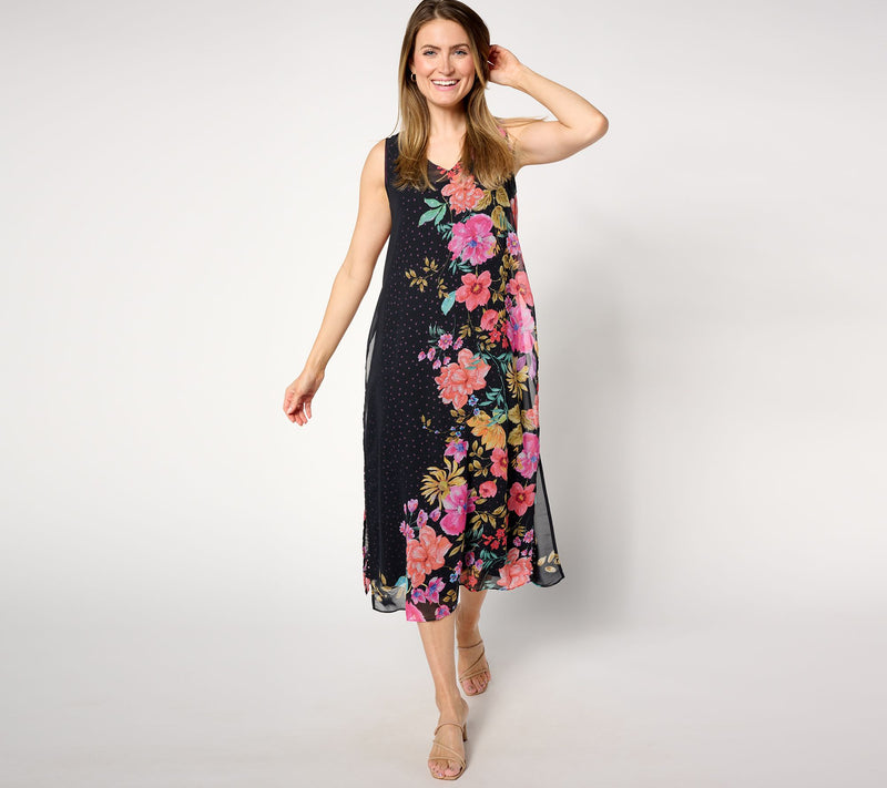 Susan Graver Petite Printed Chiffon Overlay 2-Piece Midi Dress — View 7