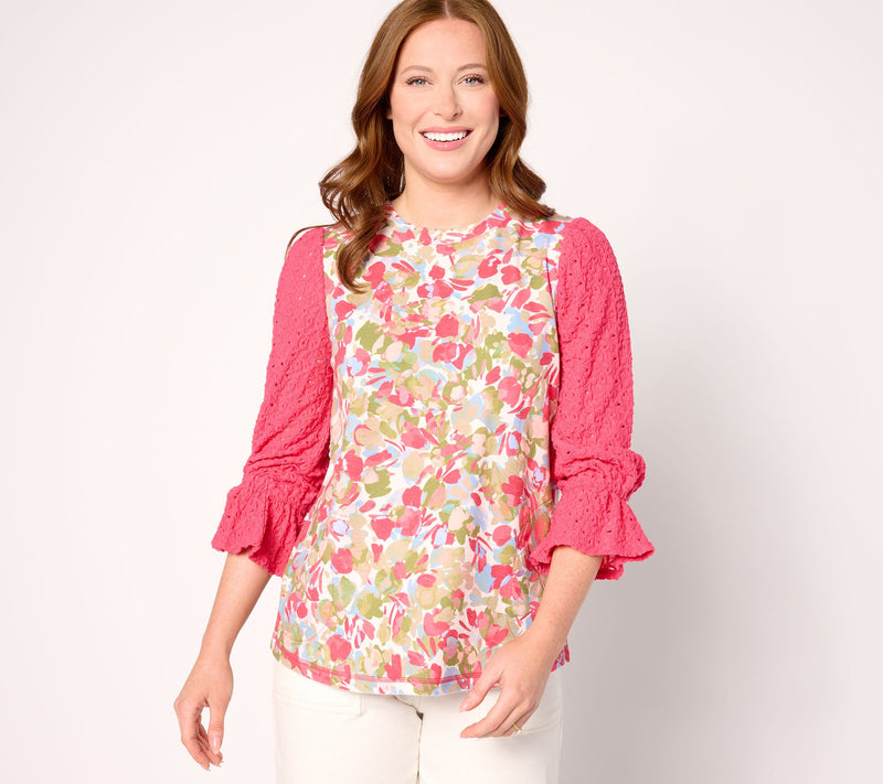 LOGO by Lori Goldstein 3/4 Sleeve Top with Eyelet Lace Sleeves — View 3
