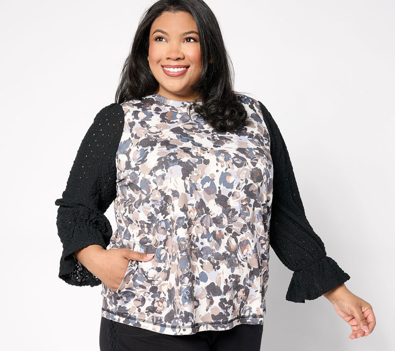 LOGO by Lori Goldstein 3/4 Sleeve Top with Eyelet Lace Sleeves — View 6