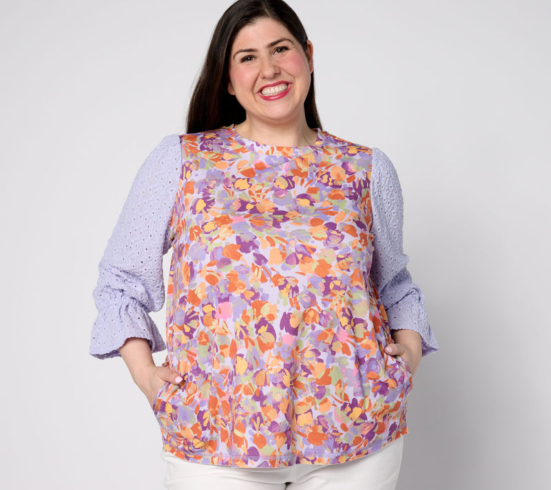 LOGO by Lori Goldstein 3/4 Sleeve Top with Eyelet Lace Sleeves — View 9