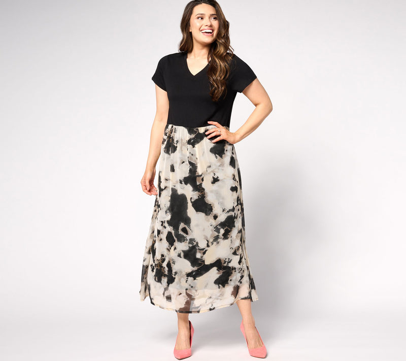 LOGO by Lori Goldstein Regular Print & Solid V-Neck Dress — View 9