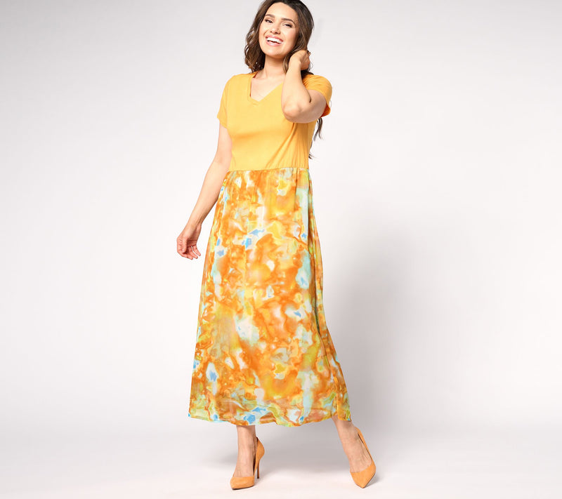 LOGO by Lori Goldstein Regular Print & Solid V-Neck Dress — View 10