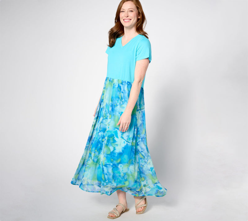 LOGO by Lori Goldstein Regular Print & Solid V-Neck Dress — View 2