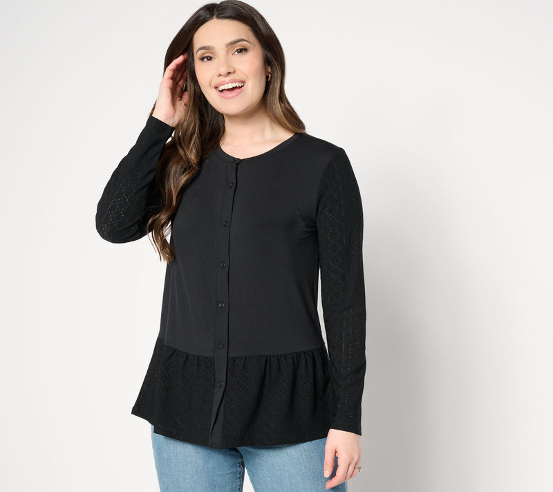 LOGO Layers by Lori Goldstein Long Sleeve Cardigan with Eyelet Peplum — View 9