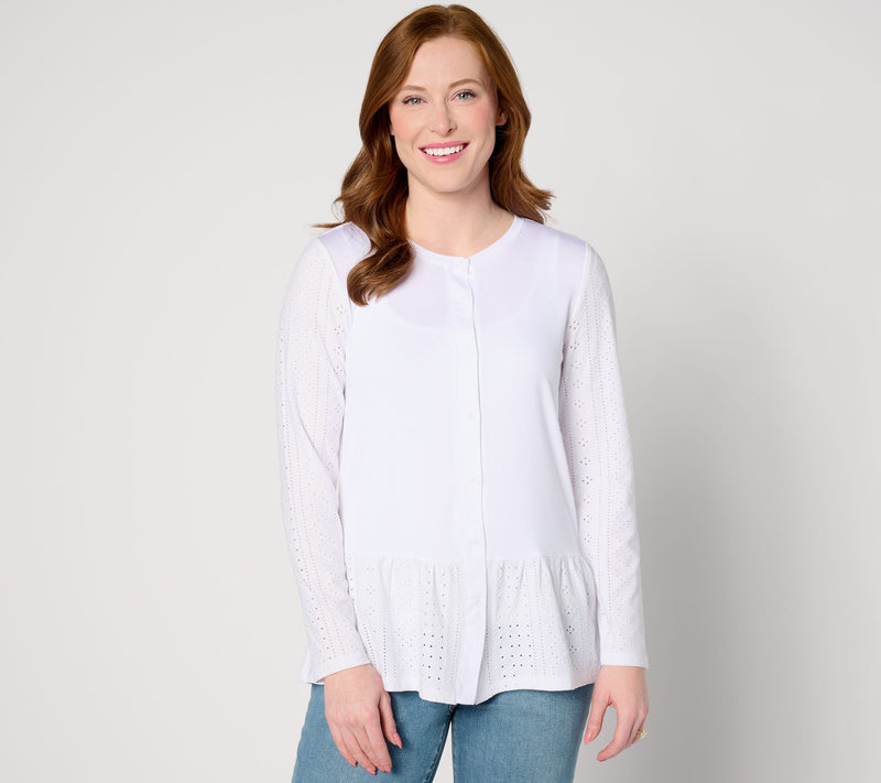 LOGO Layers by Lori Goldstein Long Sleeve Cardigan with Eyelet Peplum — View 5