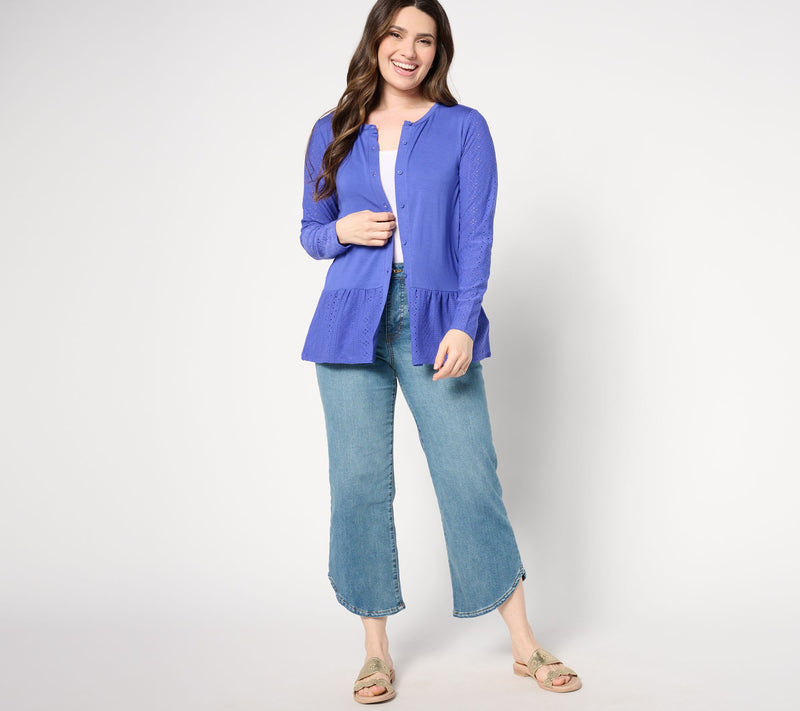 LOGO Layers by Lori Goldstein Long Sleeve Cardigan with Eyelet Peplum — View 11