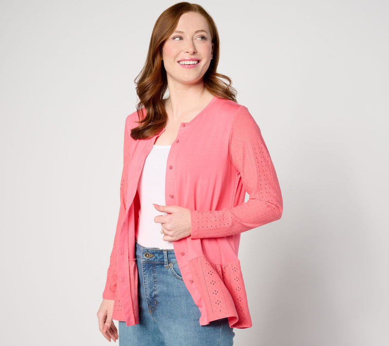 LOGO Layers by Lori Goldstein Long Sleeve Cardigan with Eyelet Peplum — View 7