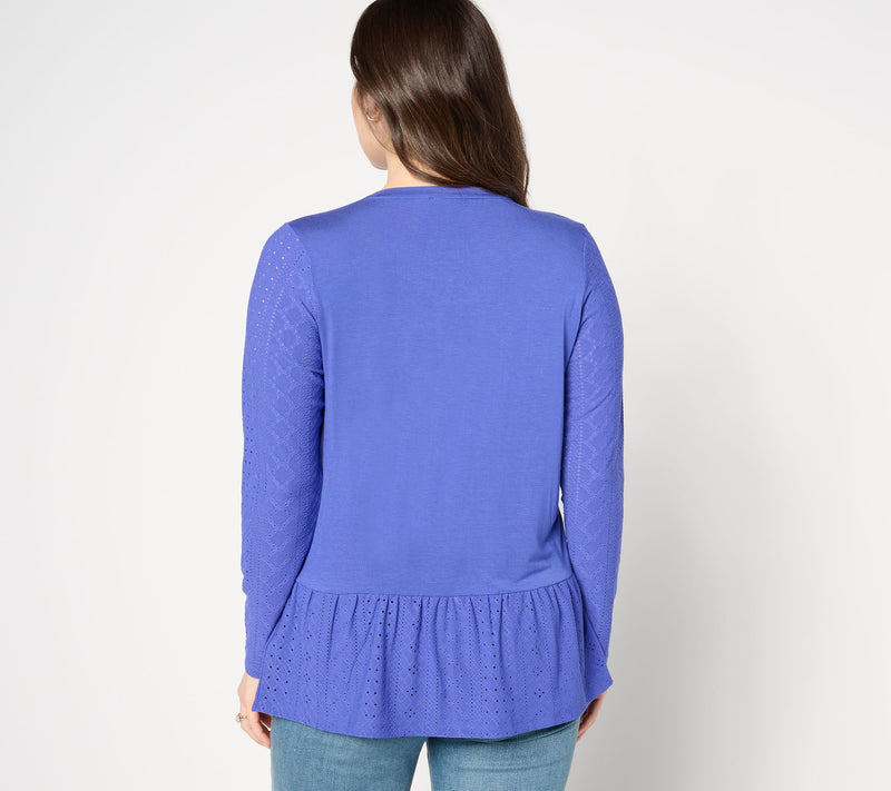 LOGO Layers by Lori Goldstein Long Sleeve Cardigan with Eyelet Peplum — View 10