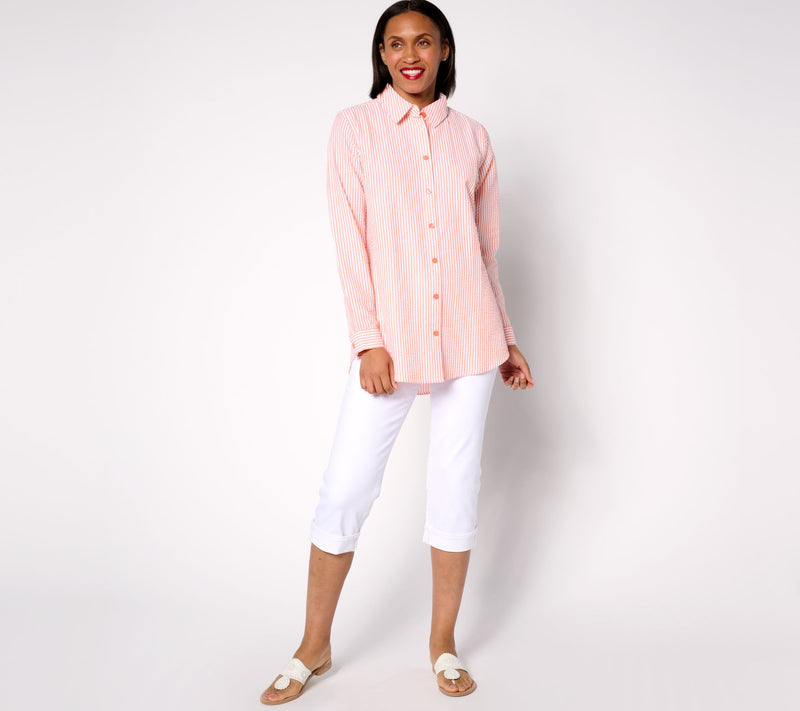 Joan Rivers Regular Seersucker Button Front Shirt — View 17