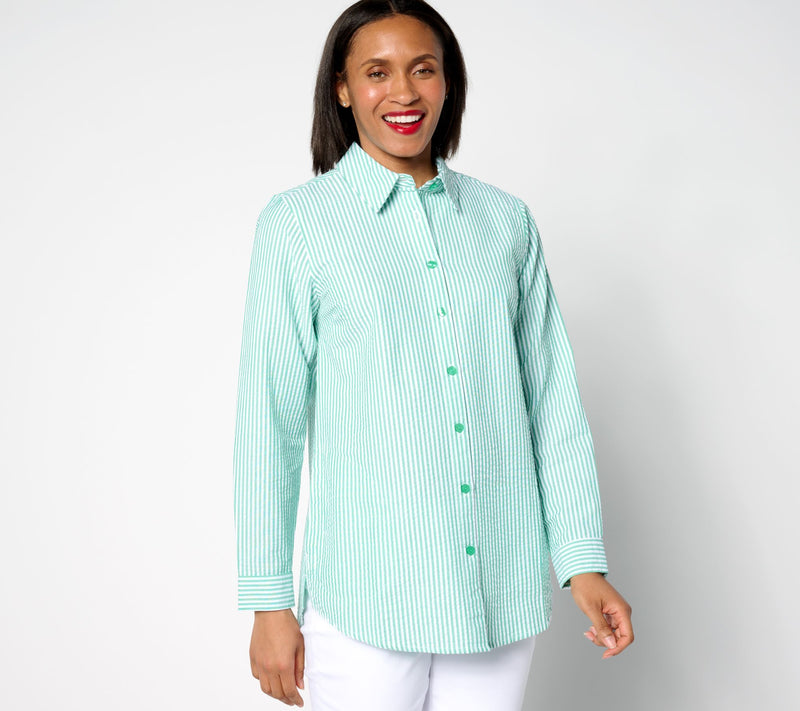 Joan Rivers Regular Seersucker Button Front Shirt — View 5