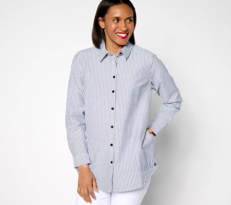 Joan Rivers Petite Seersucker Button Front Shirt — View 15