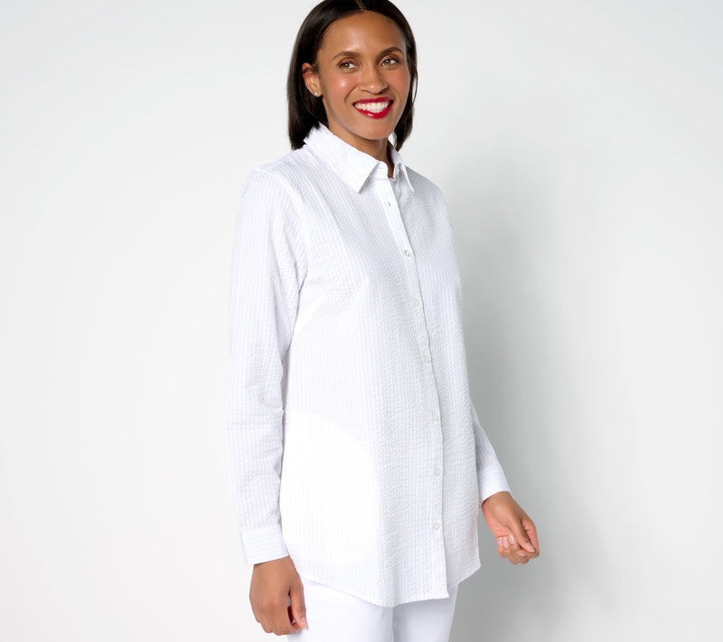 Joan Rivers Petite Seersucker Button Front Shirt — View 11